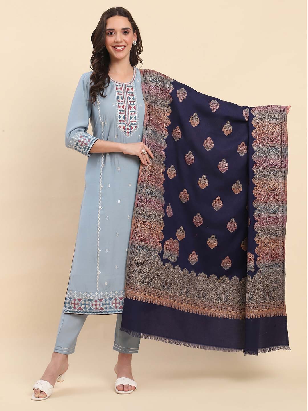 

La Vastraa Women Ethnic Motifs Woven Design Shawl, Navy blue