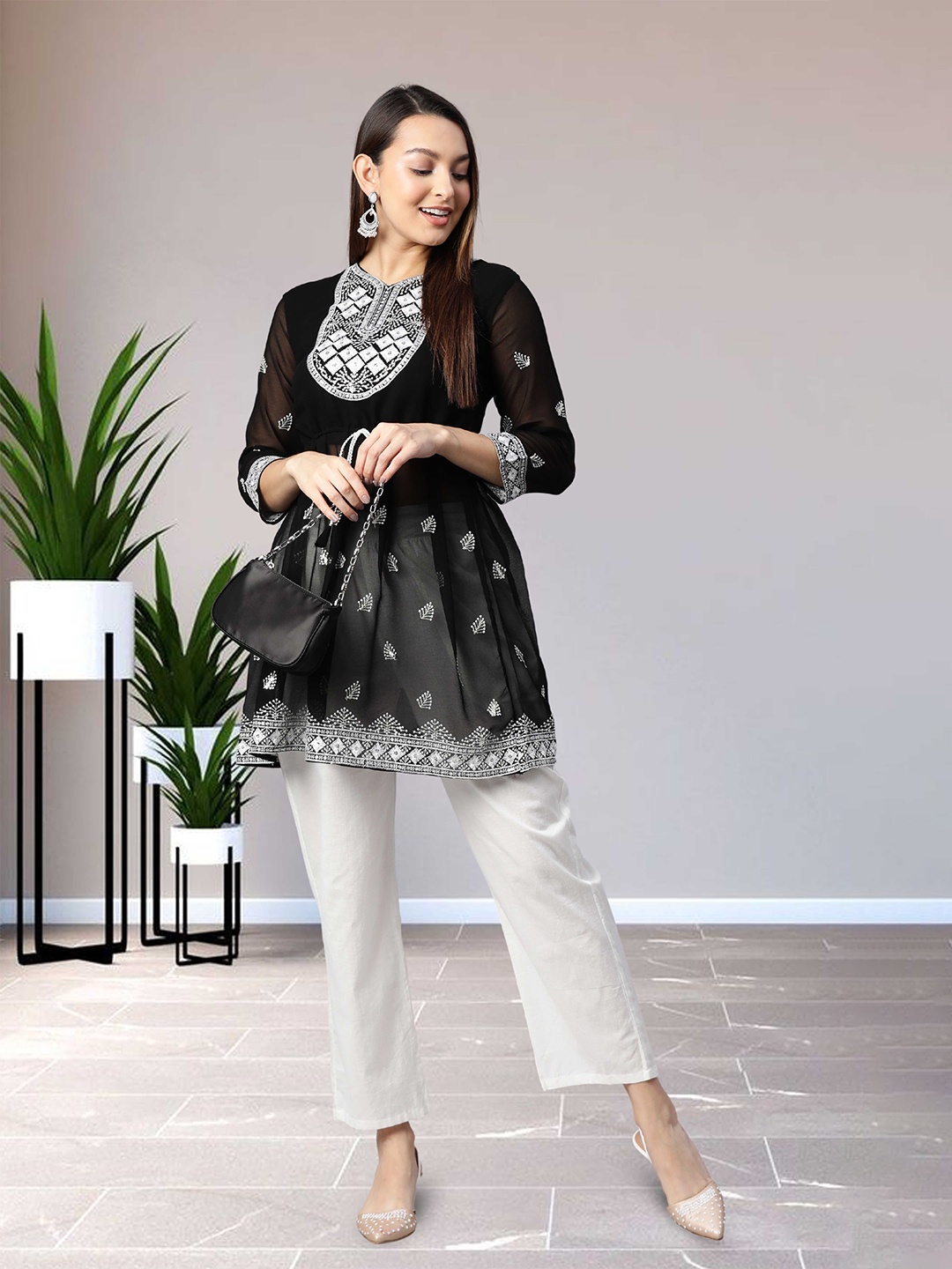 

WEAVETECH IMPEX Floral Embroidered Georgette Longline Top, Black
