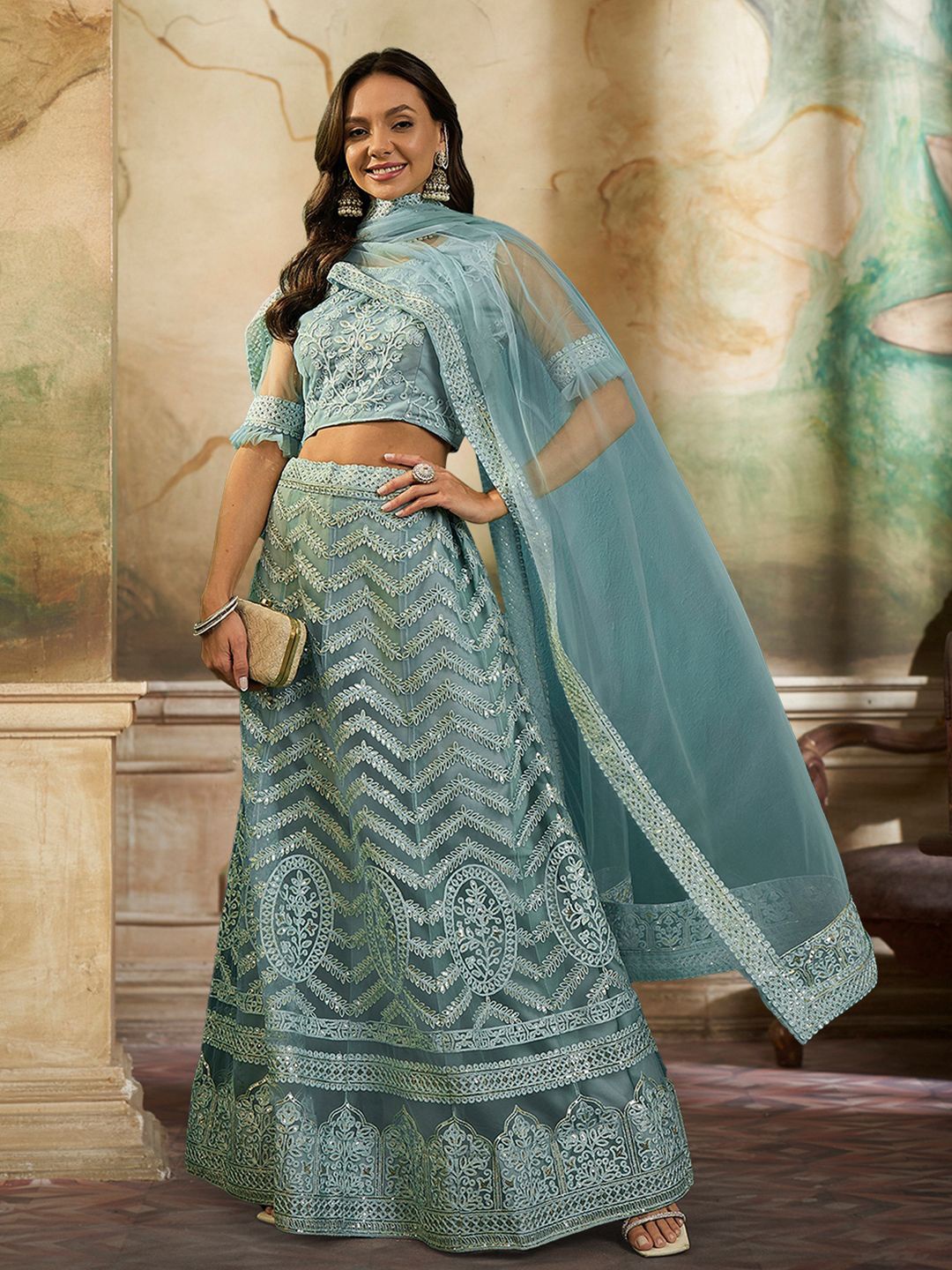 

Kvsfab Embroidered Sequinned Semi-Stitched Lehenga & Unstitched Blouse With Dupatta, Turquoise blue