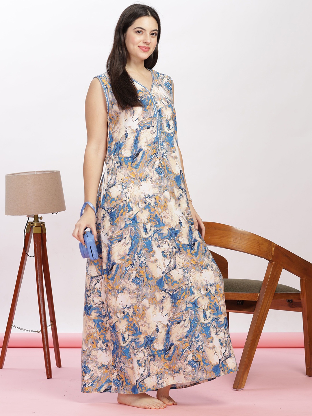 

9shines Label Women Abstract Printed V-neck Sleeveless Maxi Nightdress, Blue