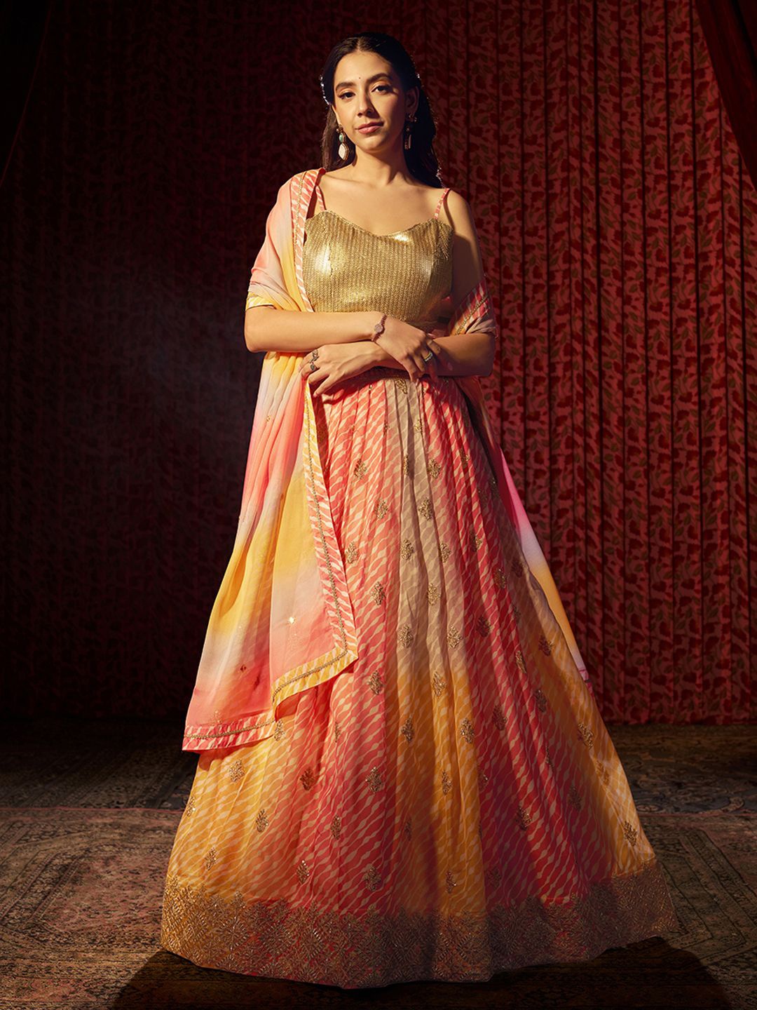 

Fusionic Embroidered Sequinned Semi-Stitched Lehenga & Unstitched Blouse With Dupatta, Gold