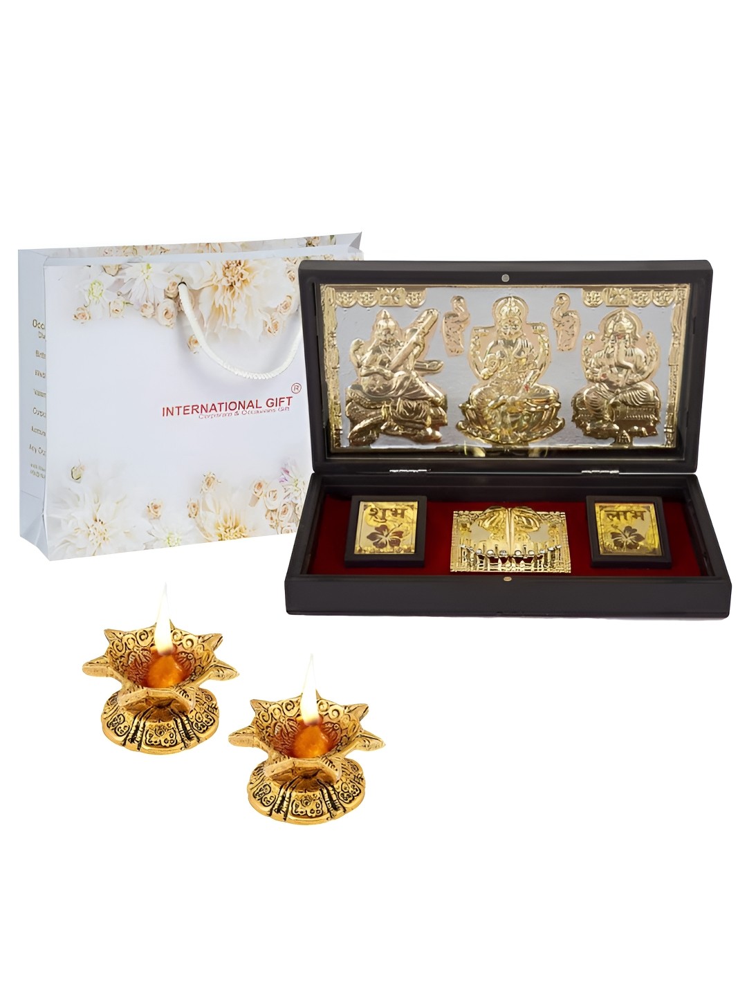 

INTERNATIONAL GIFT Gold-Toned Lakshmi Ganesh Saraswati Charan Paduka With Diya