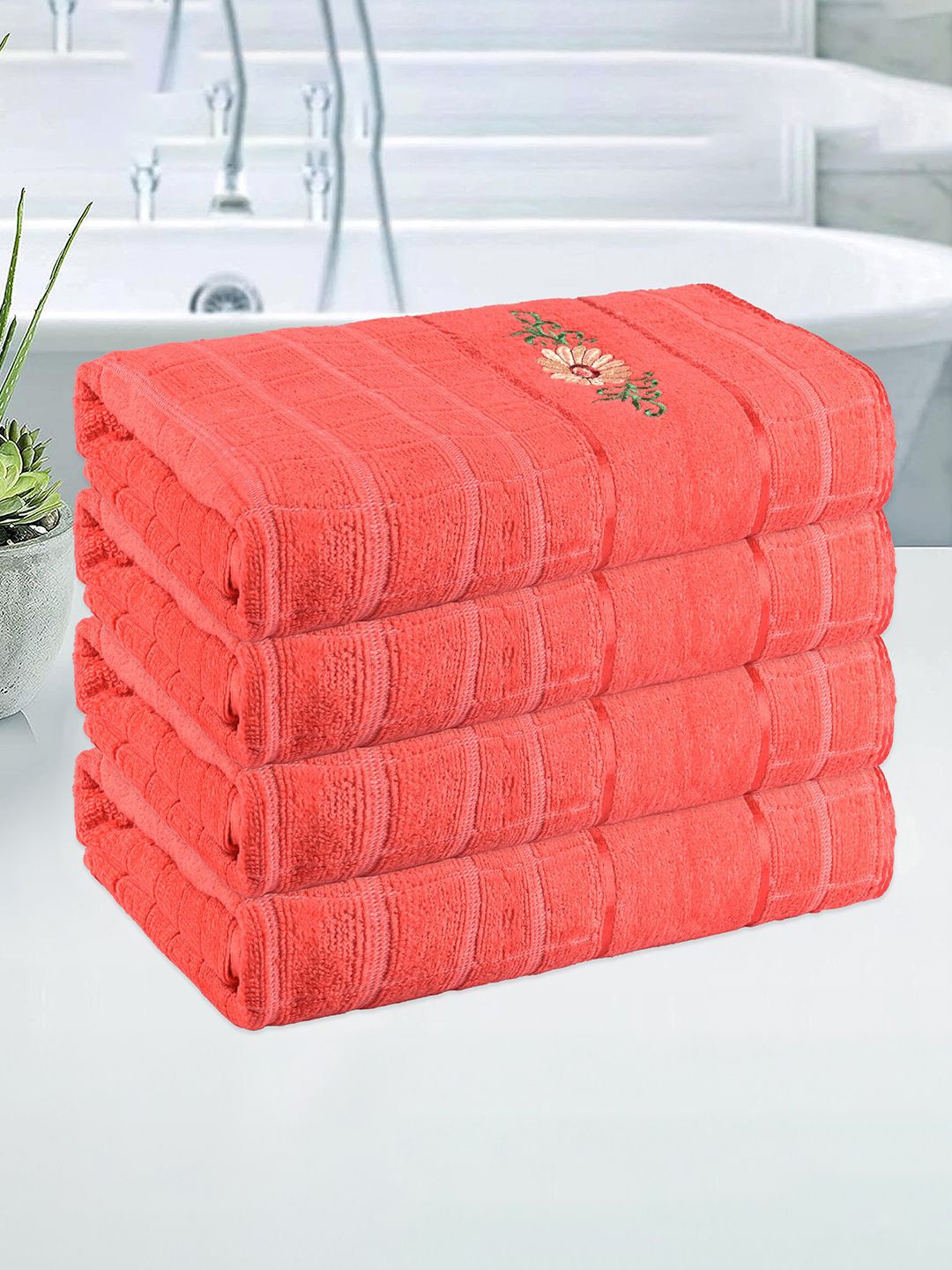 

Kuber Industries Orange 4 Pieces Printed 250 GSM Bath Towel