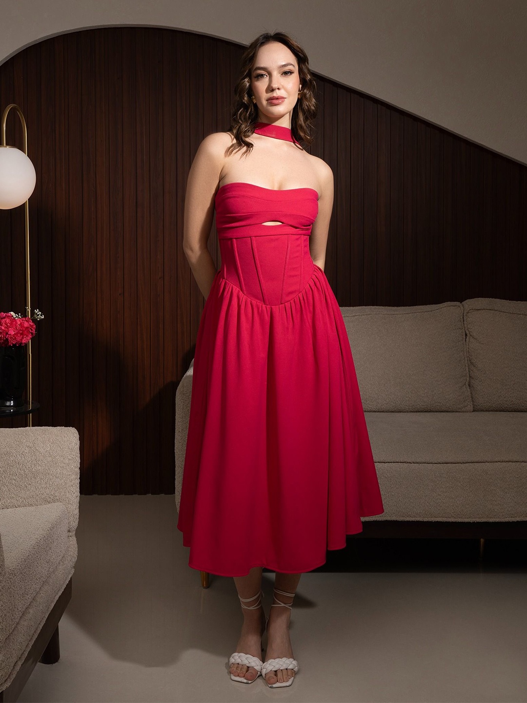 

Outcast Halter Neck Corset Midi Dress, Red