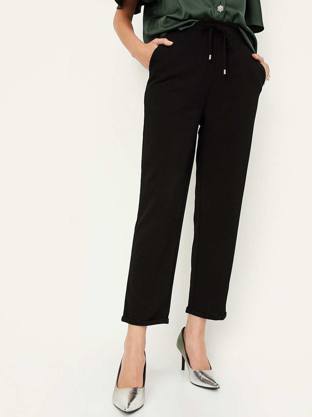 

Max x Kalki Women Solid Regular Fit Trousers, Black