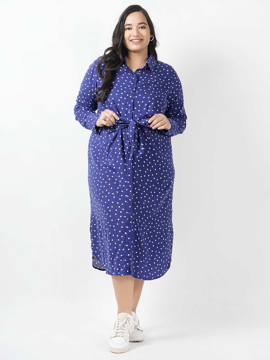 

LastInch Polka Dot Print Shirt Midi Dress, Blue
