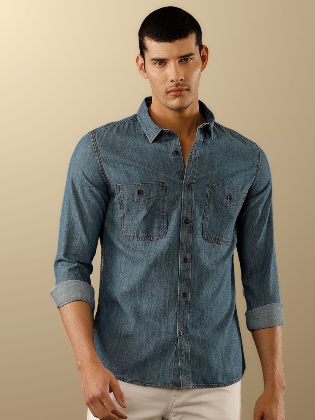 

TEMPLE OF DENIM Men India Slim Cutaway Collar Solid Denim Casual Shirt, Blue