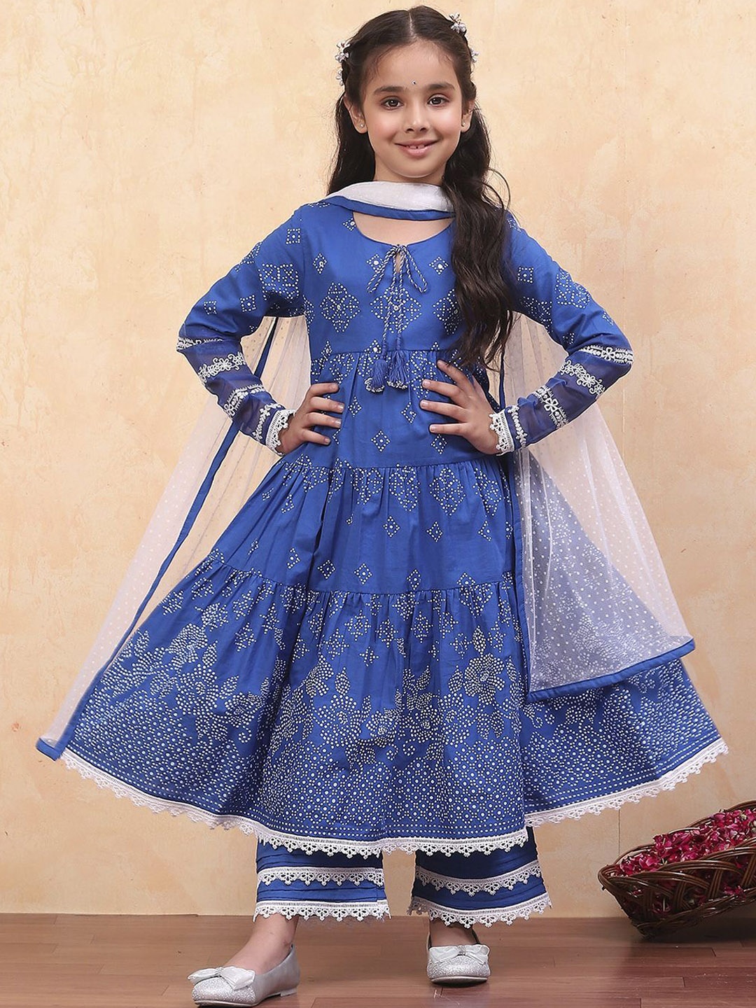 

Biba Girls Bandhani Printed Tie-Up Neck Pure Cotton Anarkali Kurta with Palazzos & Dupatta, Blue