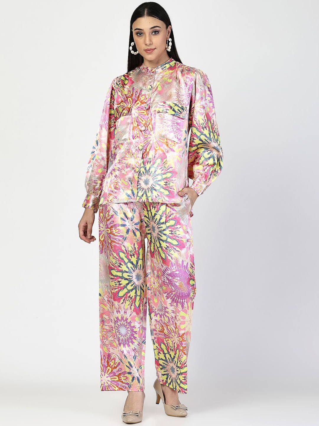 

COSMIC TRIO Floral Printed Shirt With Trousers, Pink