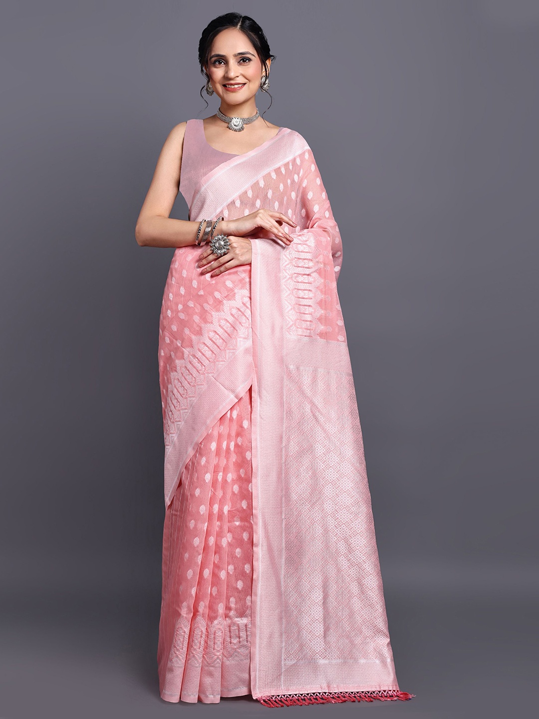 

SWAMI STUDIO Floral Zari Pure Cotton Kanjeevaram Saree, Pink