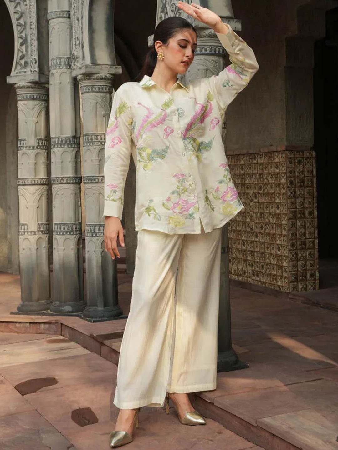 

FASHION DWAR Embroidered Shirt & Trouser, Off white