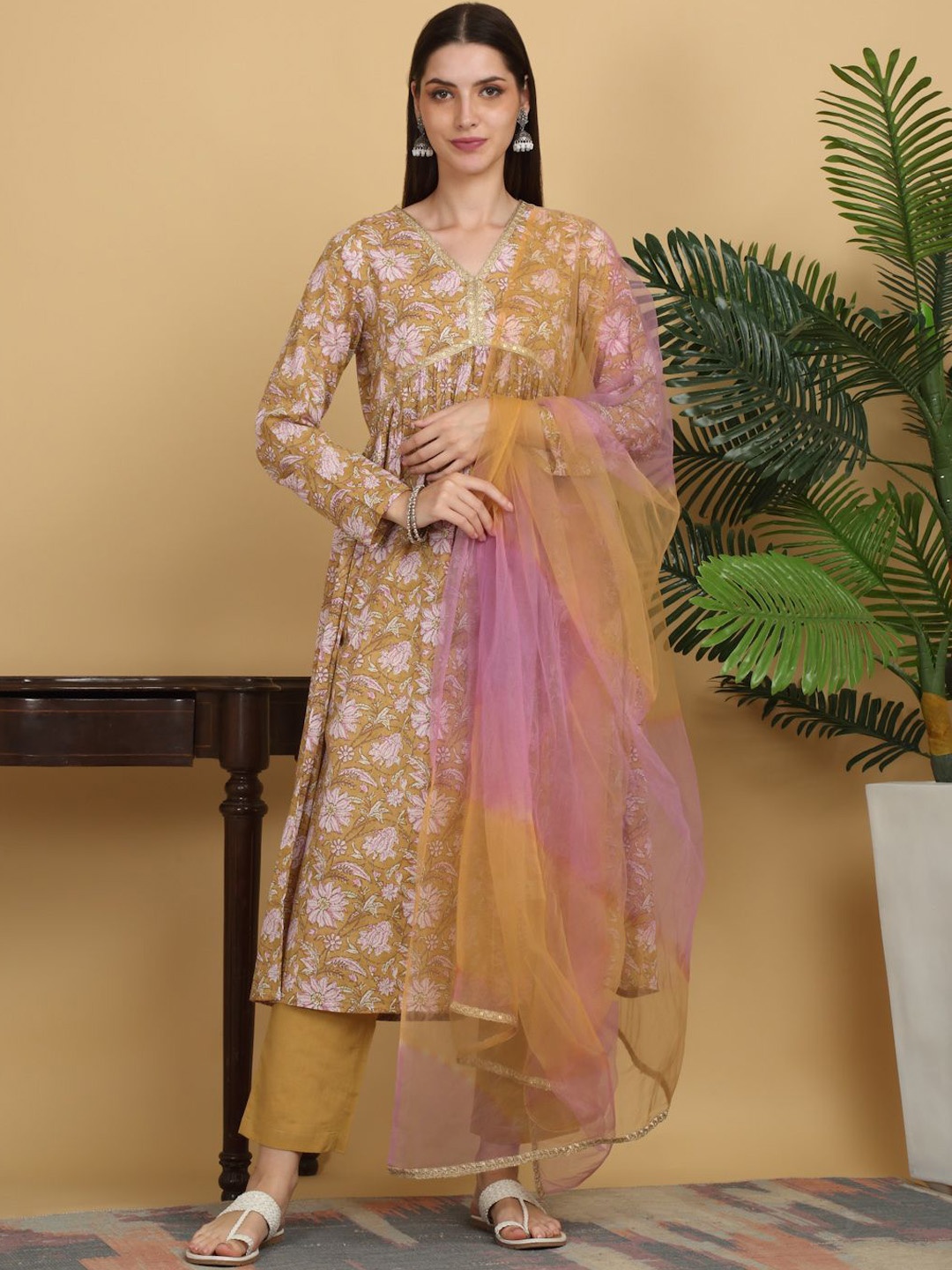 

KALINI Floral Printed Gotta Patti Pure Cotton Kurta With Palazzos & Dupatta, Mustard