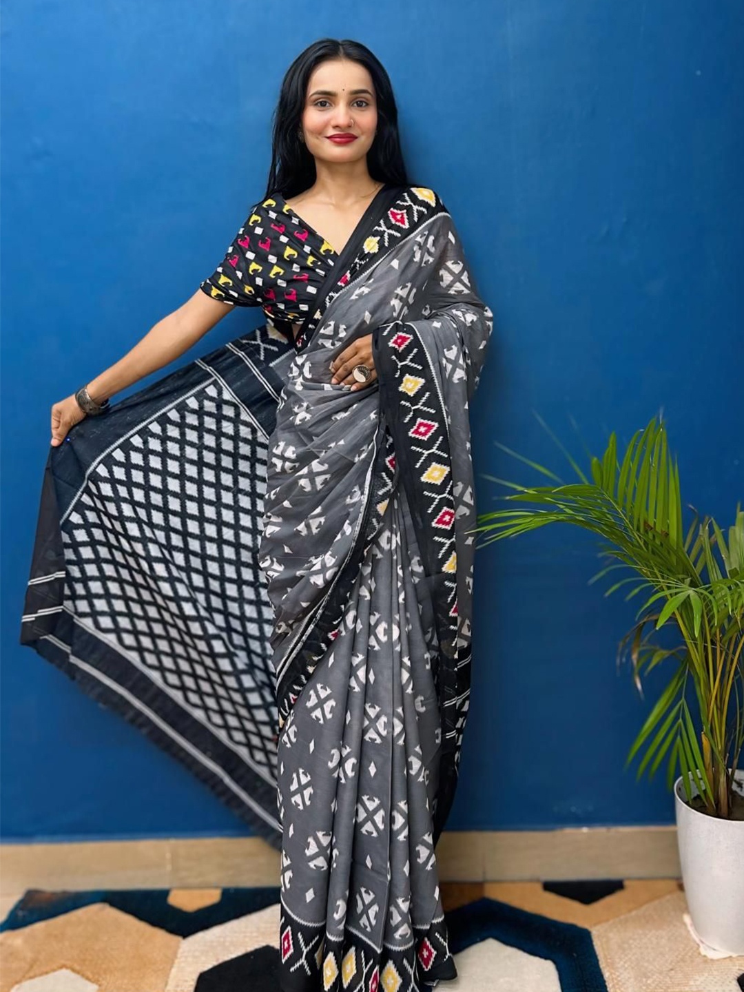 

Anouk Ethnic Motifs Pure Cotton Bagh Saree, Black