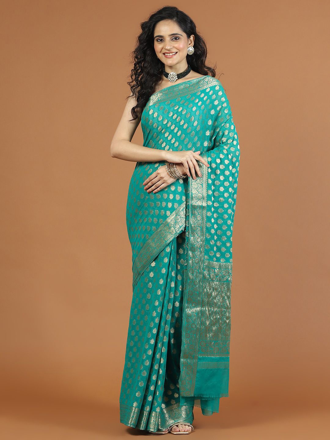 

Meena Bazaar Ethnic Motifs Zari Poly Chiffon Saree, Sea green