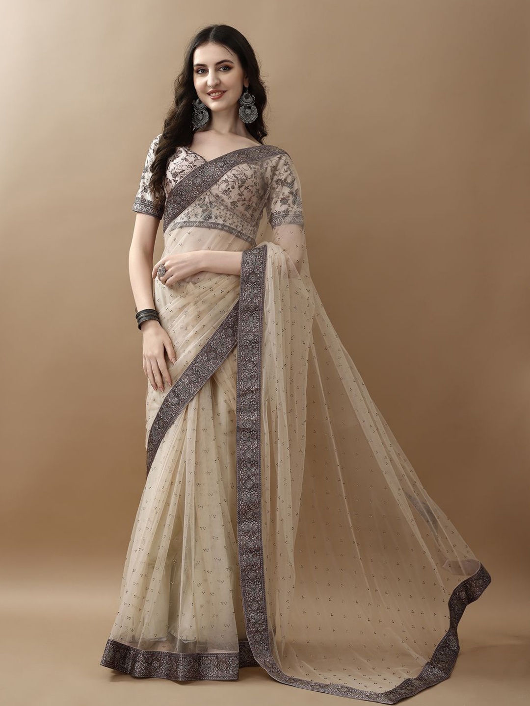 

SAPTRANGI Embellished Zari Art Silk Saree, Brown