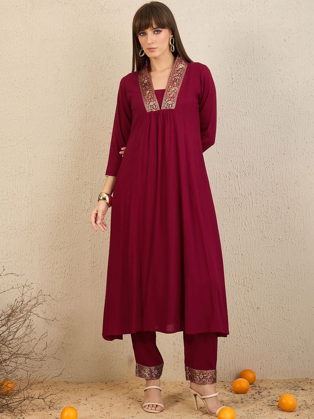 

Indo Era Ethnic Motifs Woven Design Empire A-Line Kurta With Trousers, Maroon