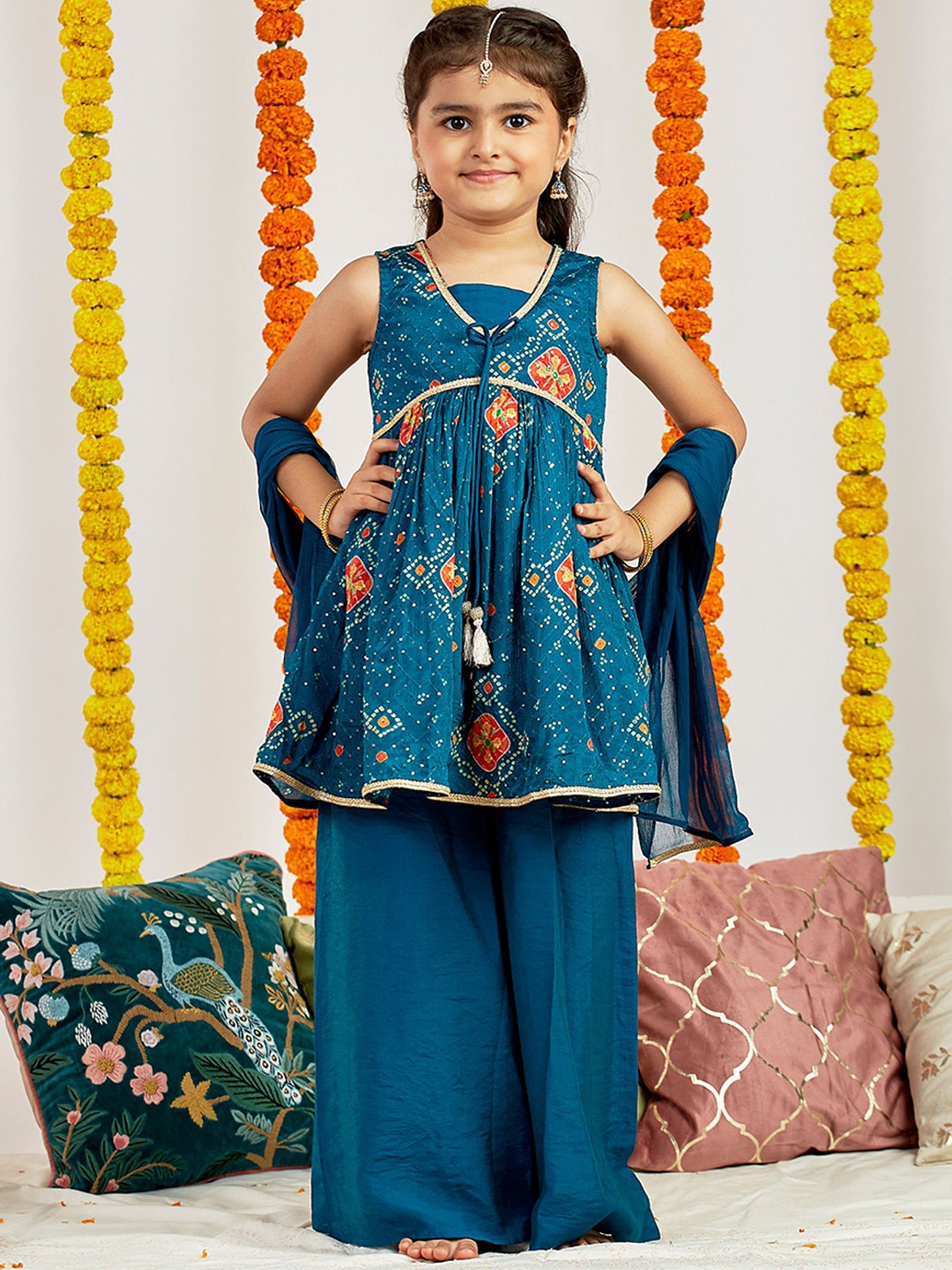 

VASTRAMAY Girls Bandhani Embroidered Empire Sequinned Kurta With Palazzos & Dupatta, Turquoise blue