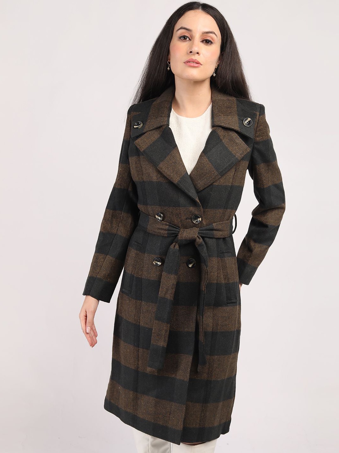 

HONNETE Women Checked Trench Coat, Brown