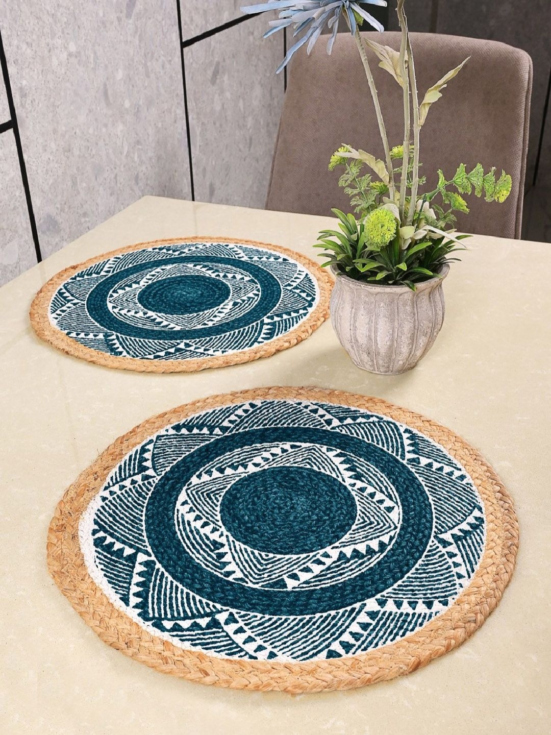 

Saral Home Teal-Blue & White 2 Pieces Printed Cotton Round Table Placemats