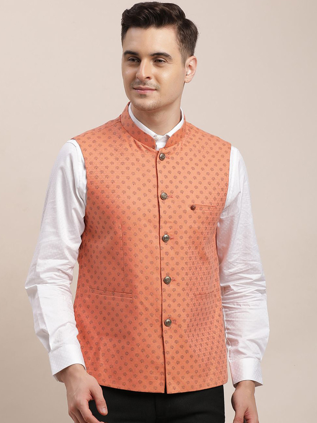 

Turtle Men Printed Slim-Fit Woven Nehru Jackets, Orange