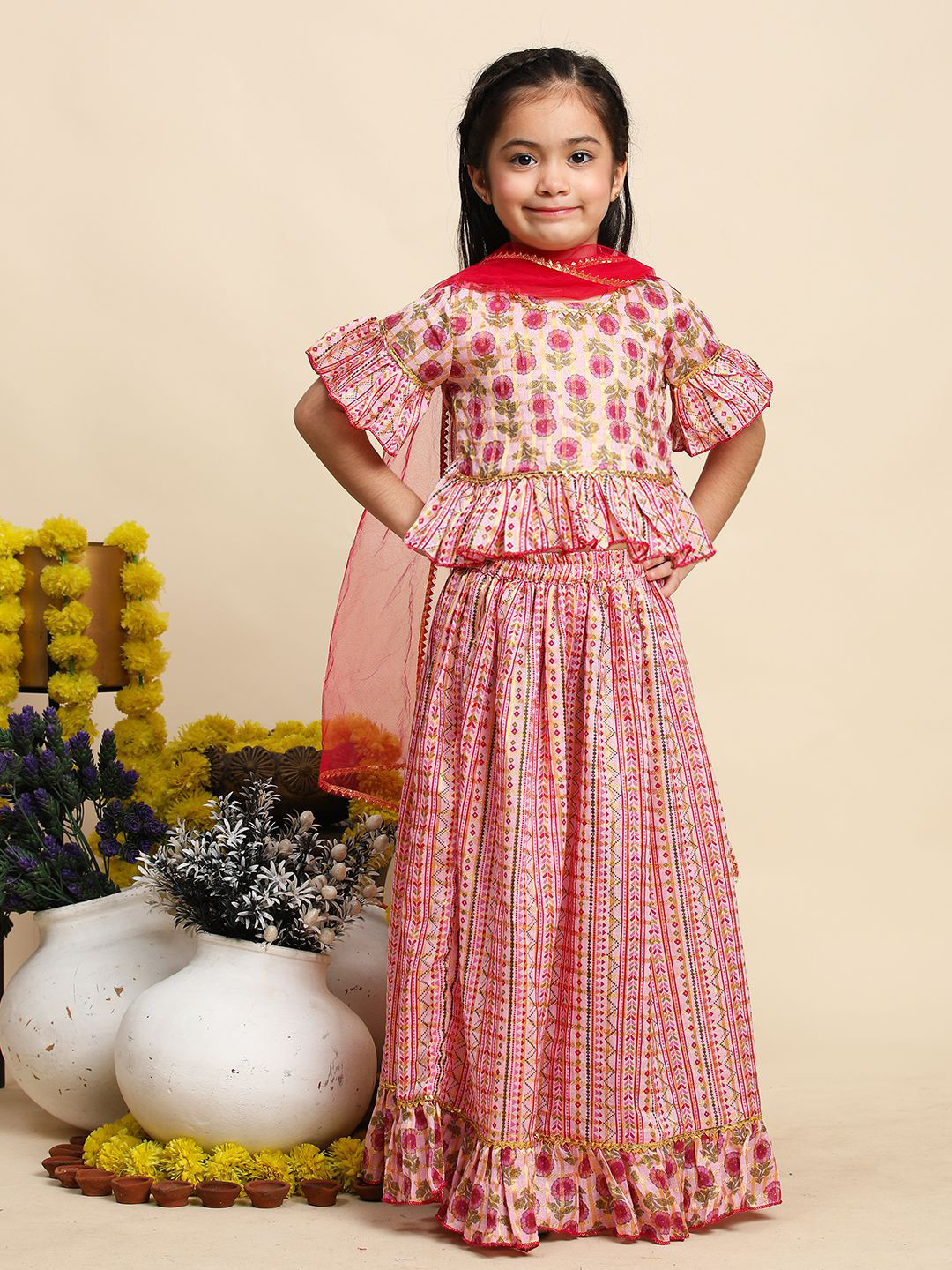 

Cutiekins Girls Printed Ready to Wear Lehenga & Blouse With Dupatta, Pink
