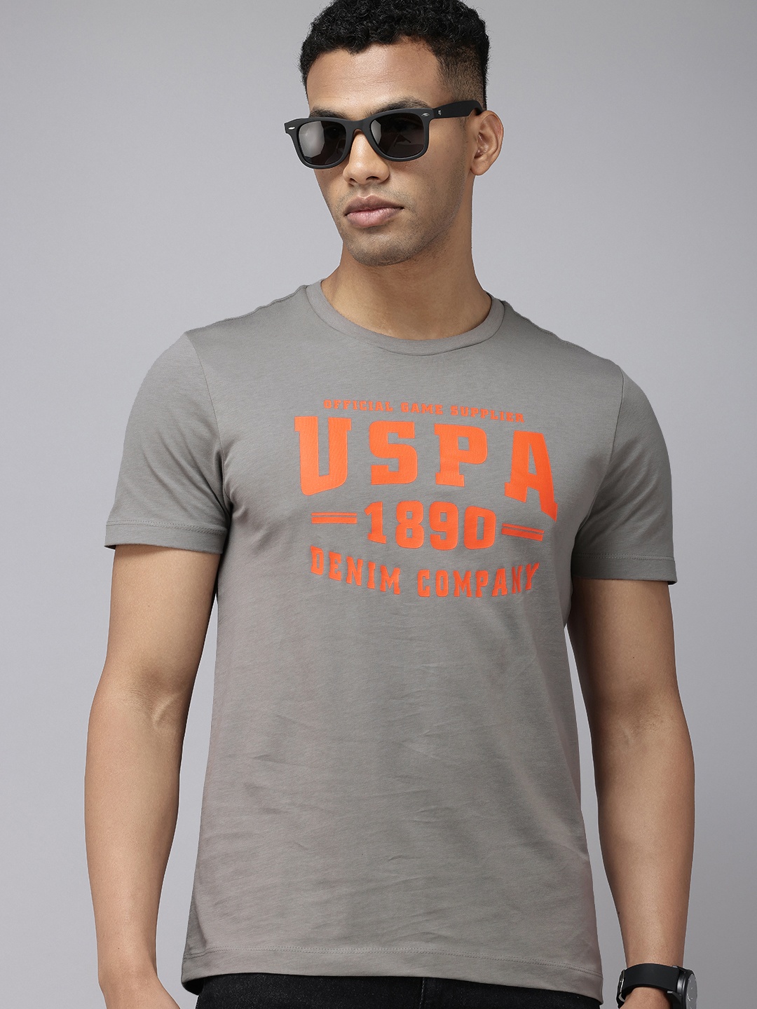 

U.S. Polo Assn. Denim Co. Pure Cotton Brand Logo Printed Slim Fit T-shirt, Grey