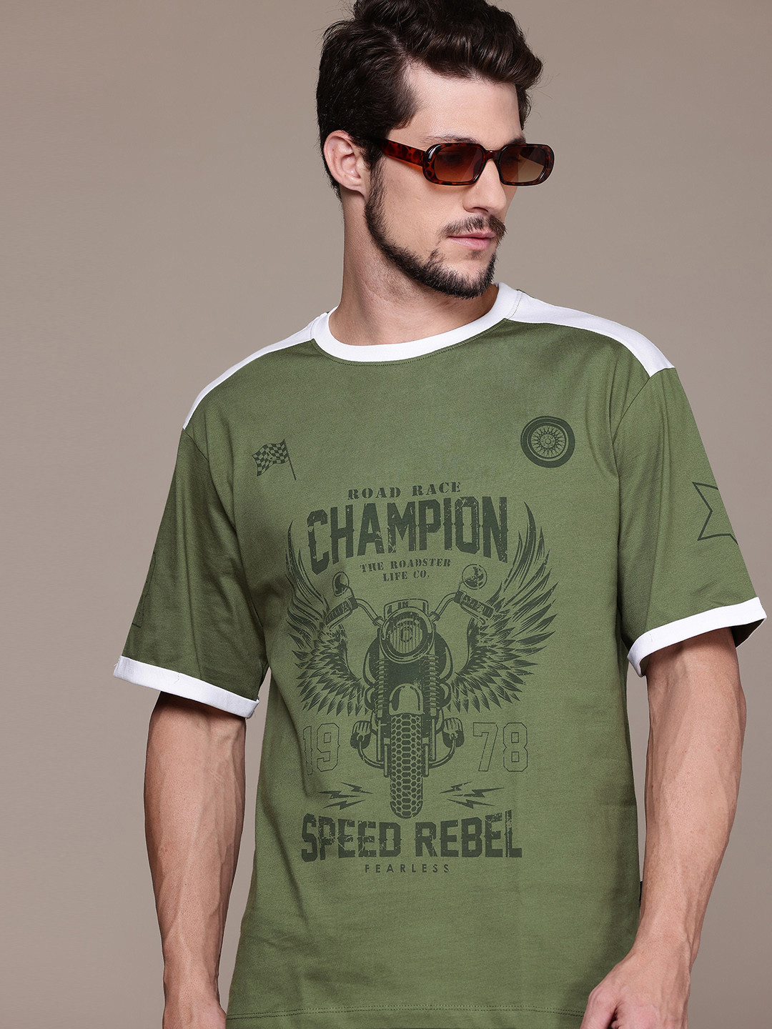 

The Roadster Lifestyle Co. Printed Drop-Shoulder Sleeves Pure Cotton T-shirt, Olive