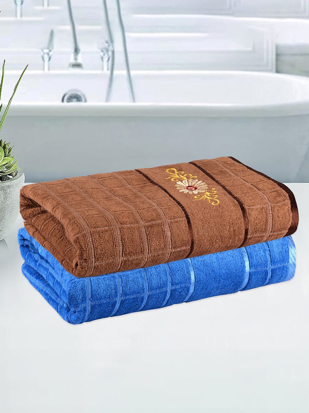 

Kuber Industries Blue & Brown 2 Pieces Striped 250 GSM Bath Towels