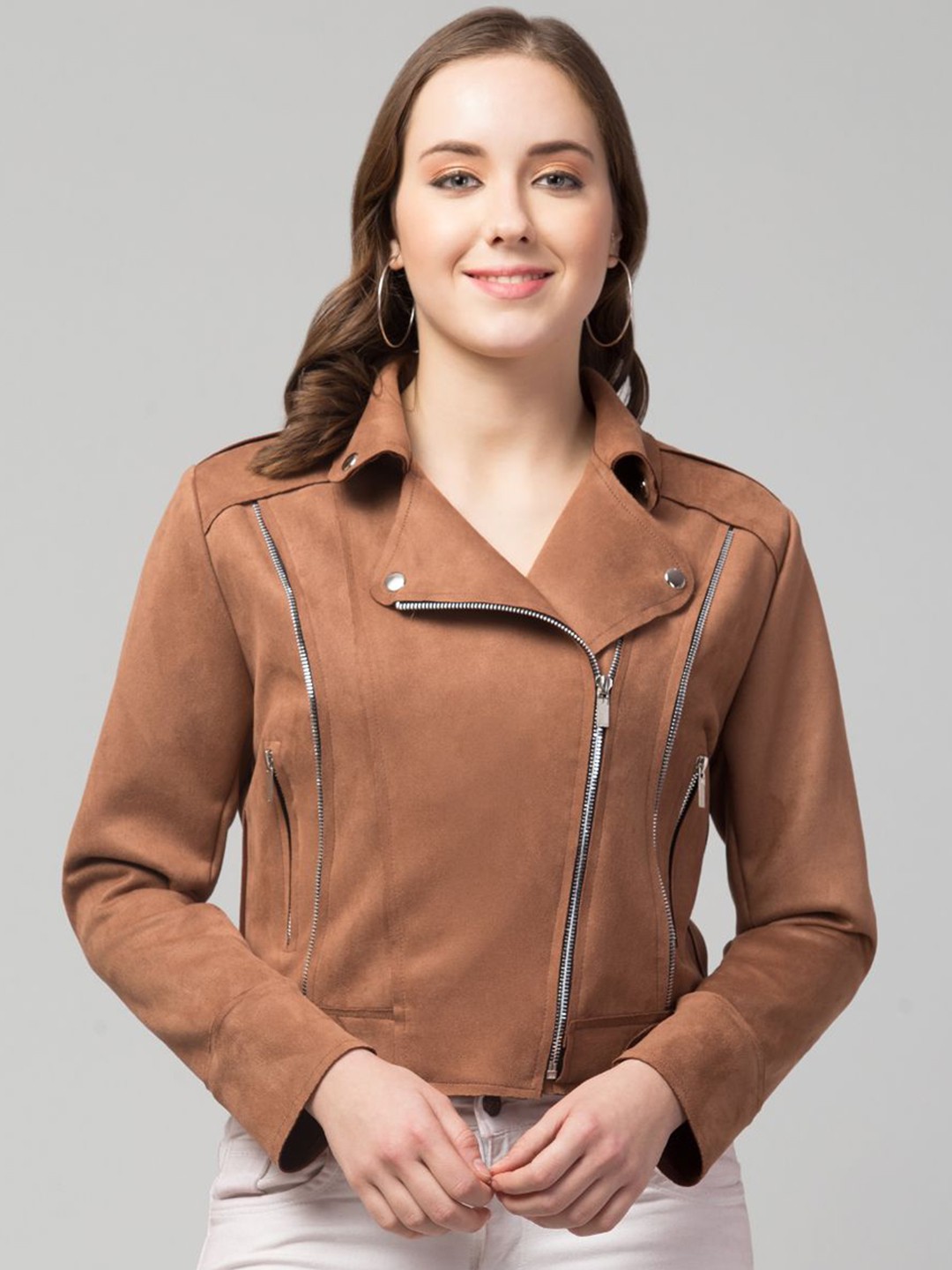 

GalaxyTrendz Women Suede Windcheater Crop Tailored Jacket, Brown