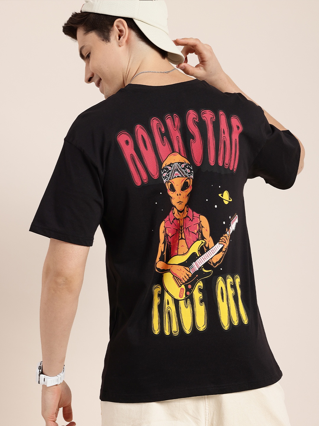 

HERE&NOW Printed Drop-Shoulder Sleeves Pure Cotton T-shirt, Black