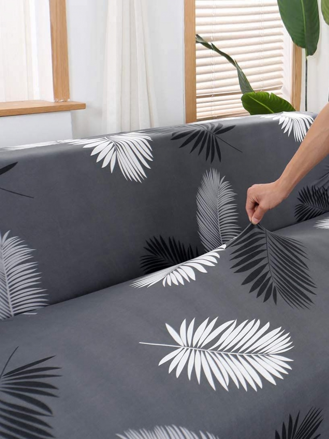 

B BESTILO Grey & White Floral Printed Triple Seater Sofa Cover With Arms