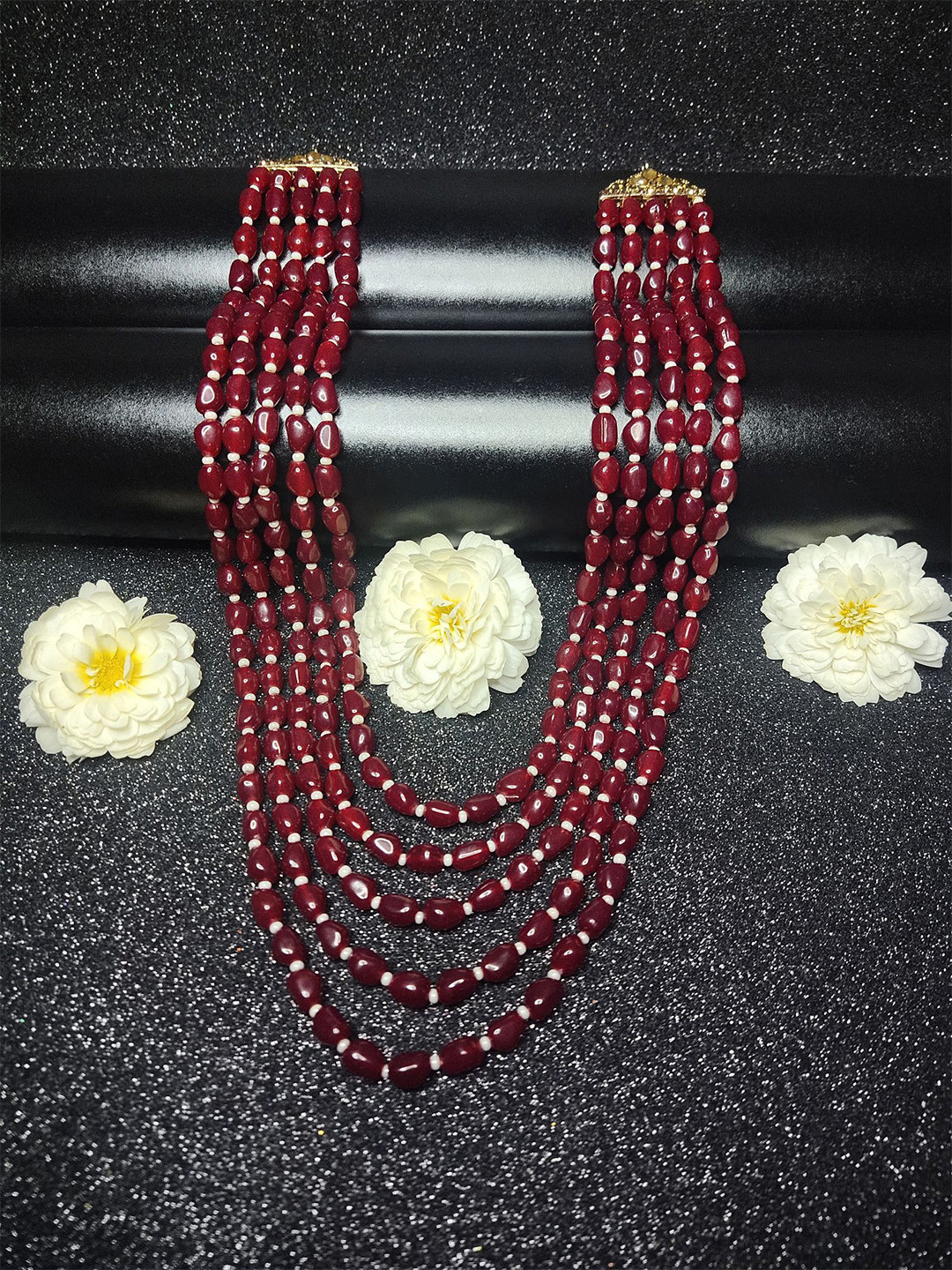 

Radhe Creation Men Gold-Plated Moti Mala Pearls Beaded Five Layered Necklace