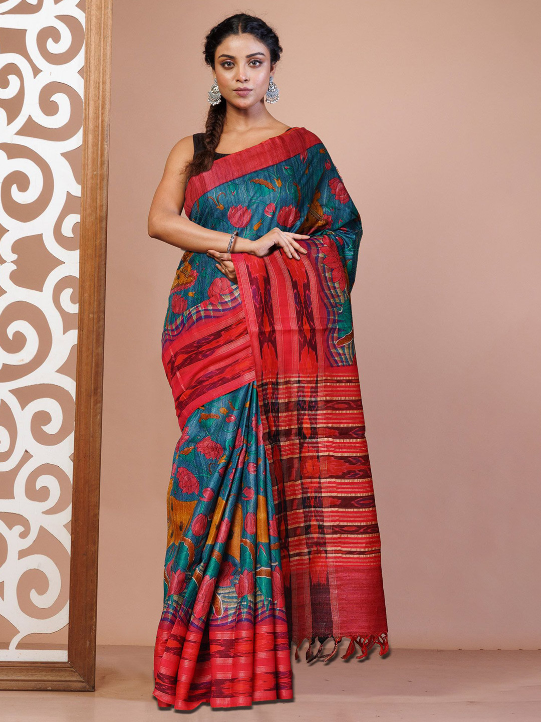 

Unnati Silks Kalamkari Pure Silk Handloom Tussar Saree, Blue