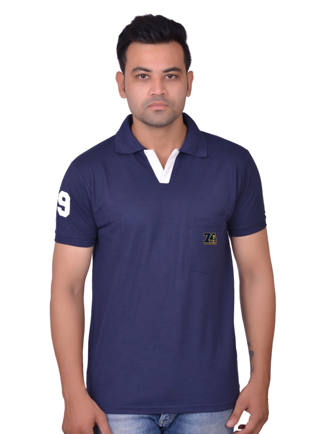 

LA MILANO Men Polo Collar Applique Slim Fit T-shirt, Navy blue