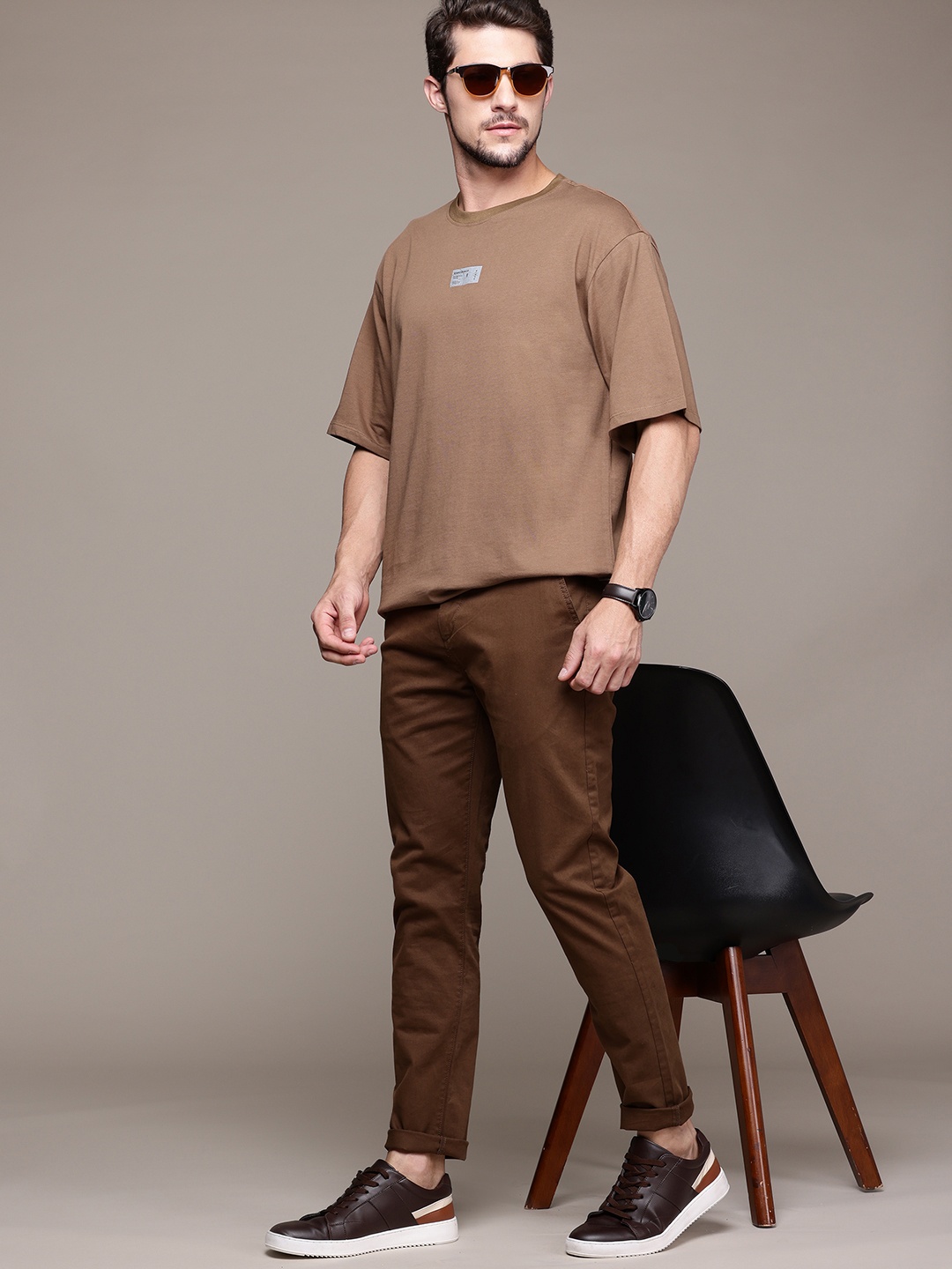 

The Roadster Lifestyle Co. Drop-Shoulder Relaxed Fit Pure Cotton T-shirt, Brown