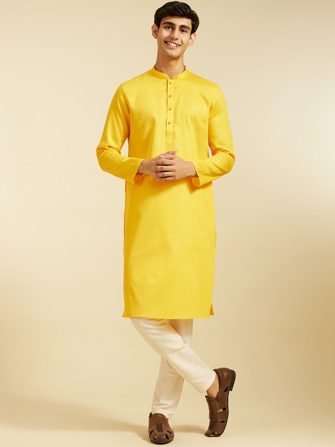 

Diwas by Manyavar Woven Design Mandarin Collar Cotton Straight Kurta, Mustard