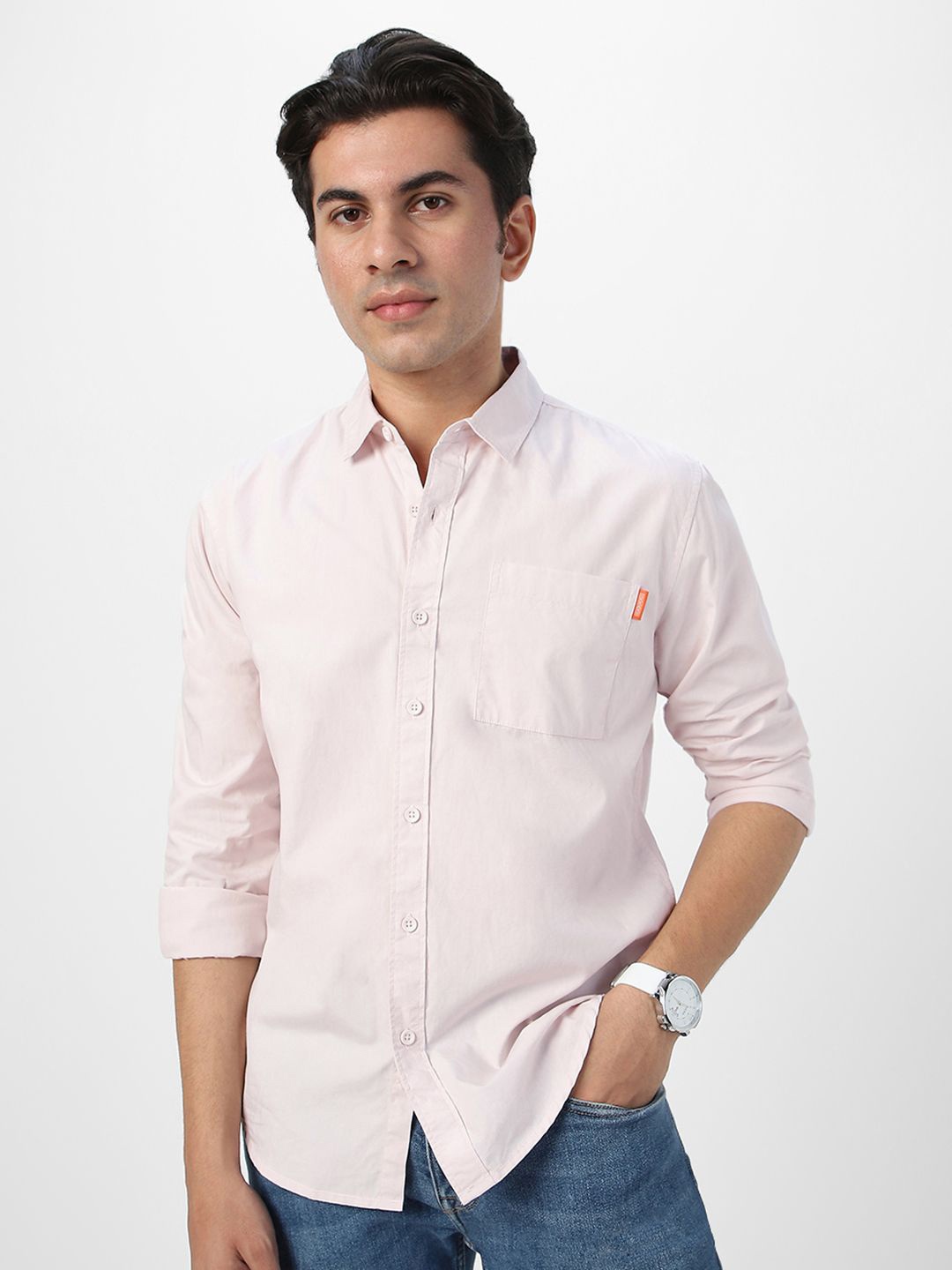 

Urbano Fashion Men Spread Collar Solid Cotton Casual Shirt, Pink