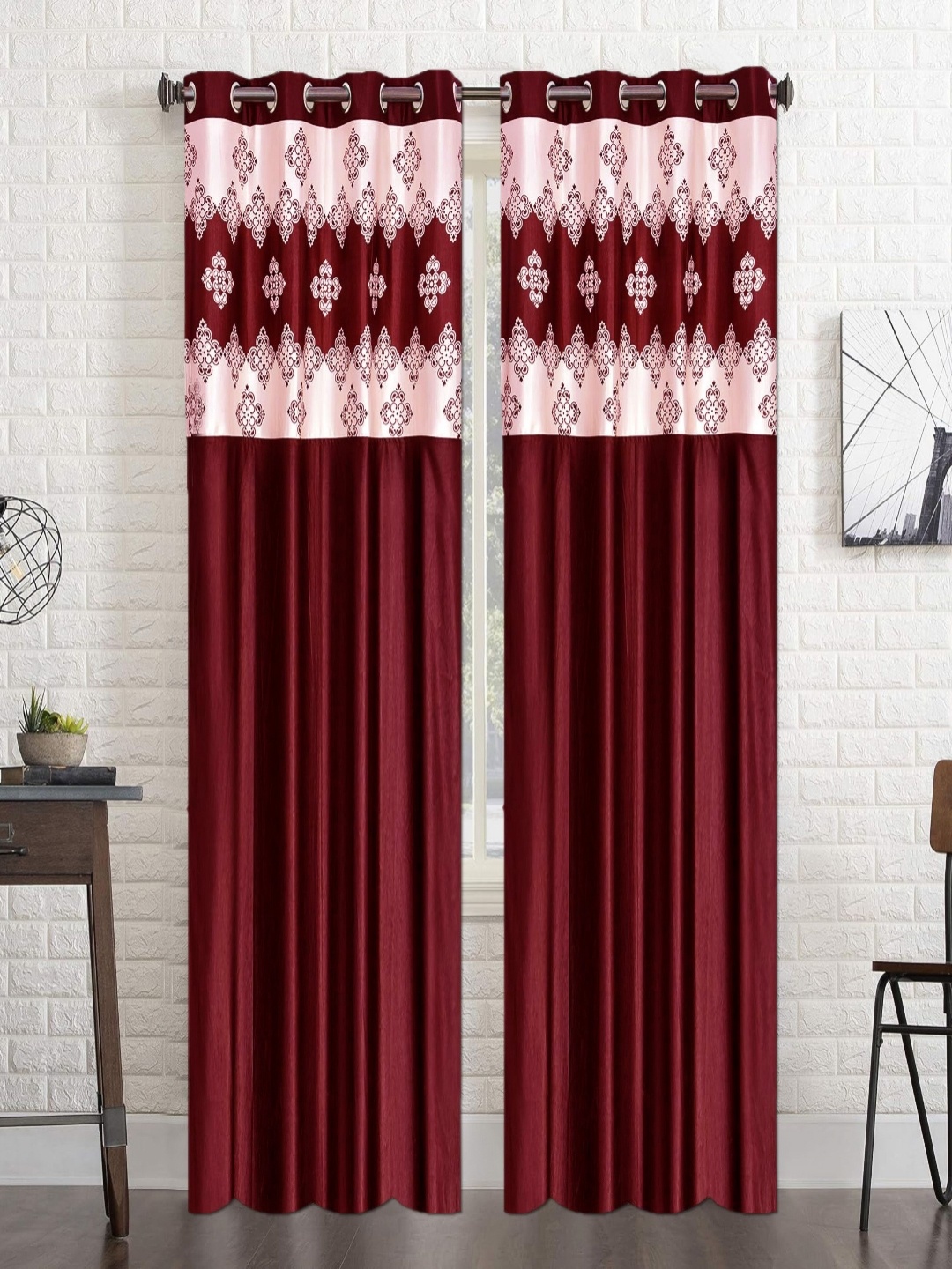 

Lunar Days Maroon Set of 2 Floral Room Darkening Long Door Curtain