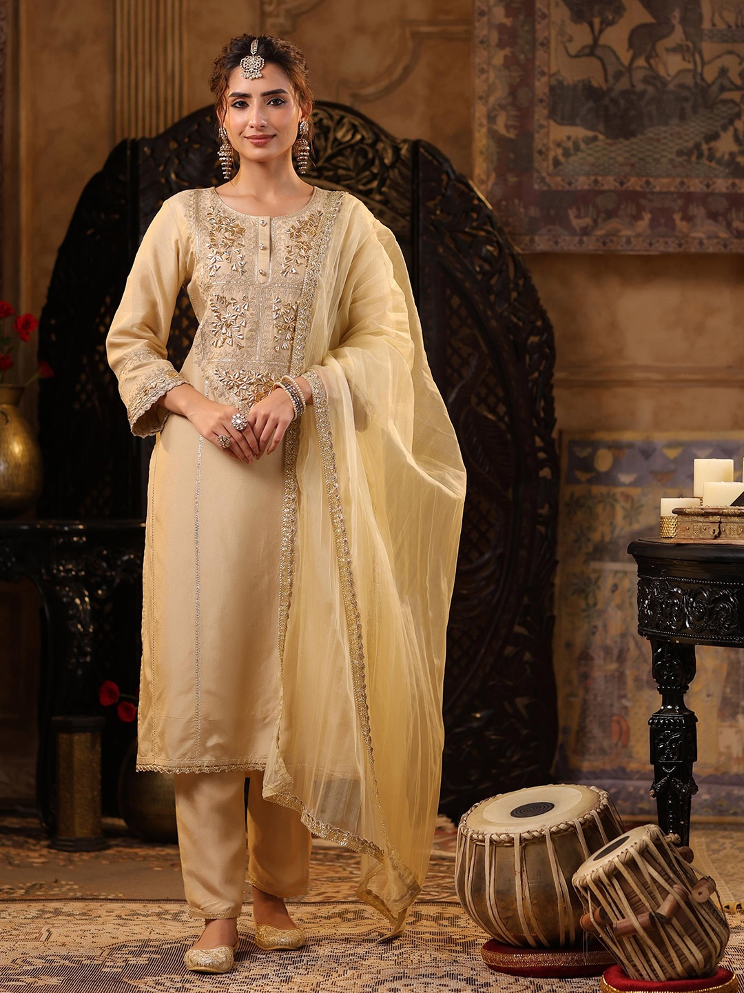 

SCAKHI Ethnic Motifs Yoke Design Gotta Patti Dupion Silk Kurta With Trousers & Dupatta, Beige