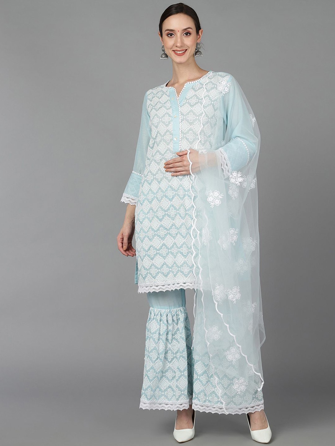 

AHIKA Blue Ethnic Motifs Embroidered Notch Neck Straight Kurta with Sharara & Dupatta