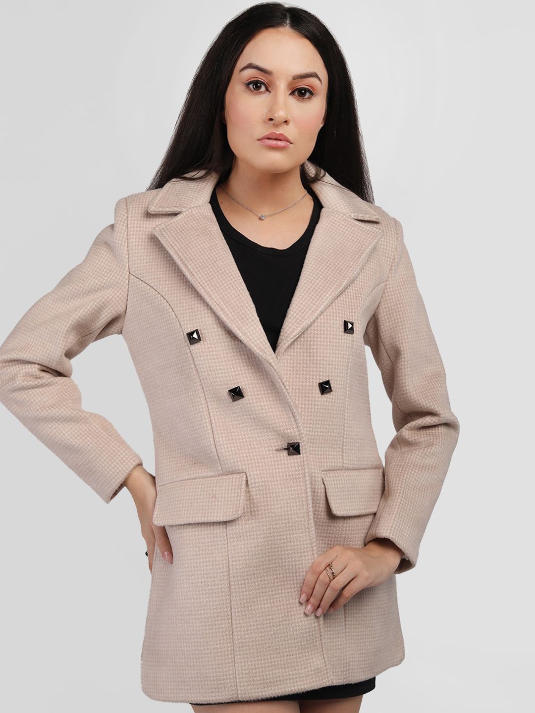 

HONNETE Women Checked Notched Lapel Double-Breasted Hip-Length Winter Overcoat, Cream