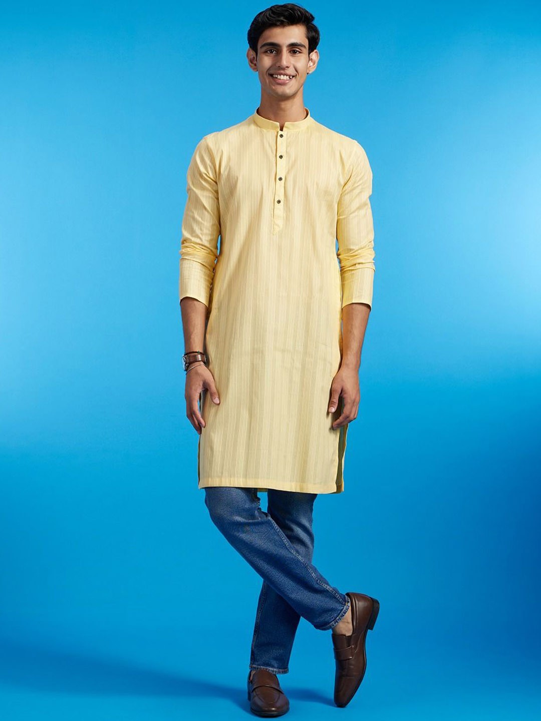 

Diwas by Manyavar Striped Mandarin Collar Cotton Kurta, Yellow