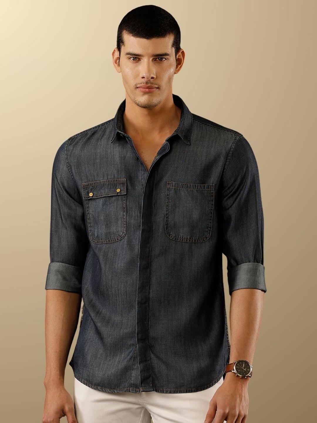 

TEMPLE OF DENIM Men India Slim Spread Collar Solid Denim Casual Shirt, Blue
