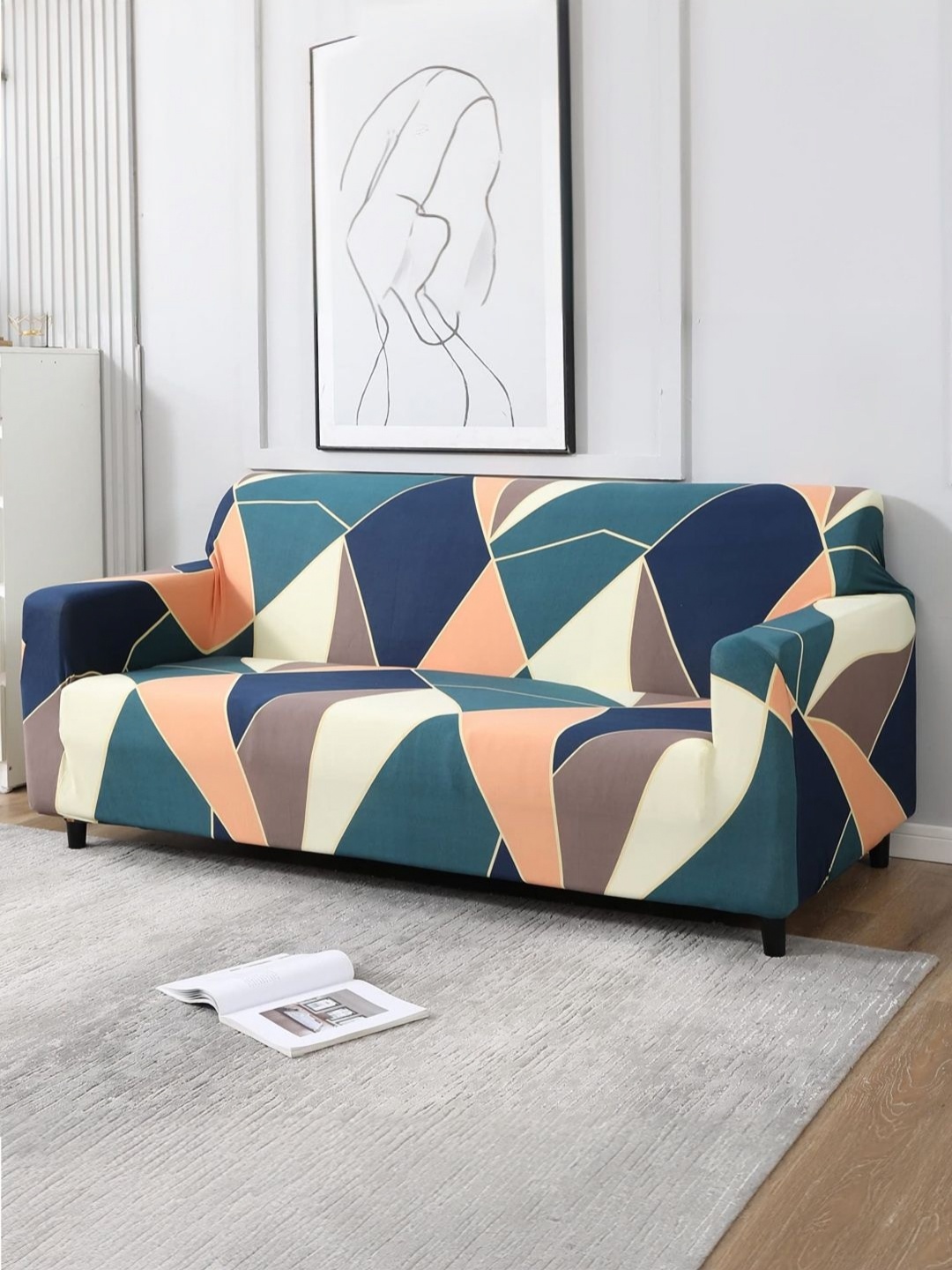 

B BESTILO Green & Orange Geometriuc Printed Triple Seater Sofa Cover With Arms