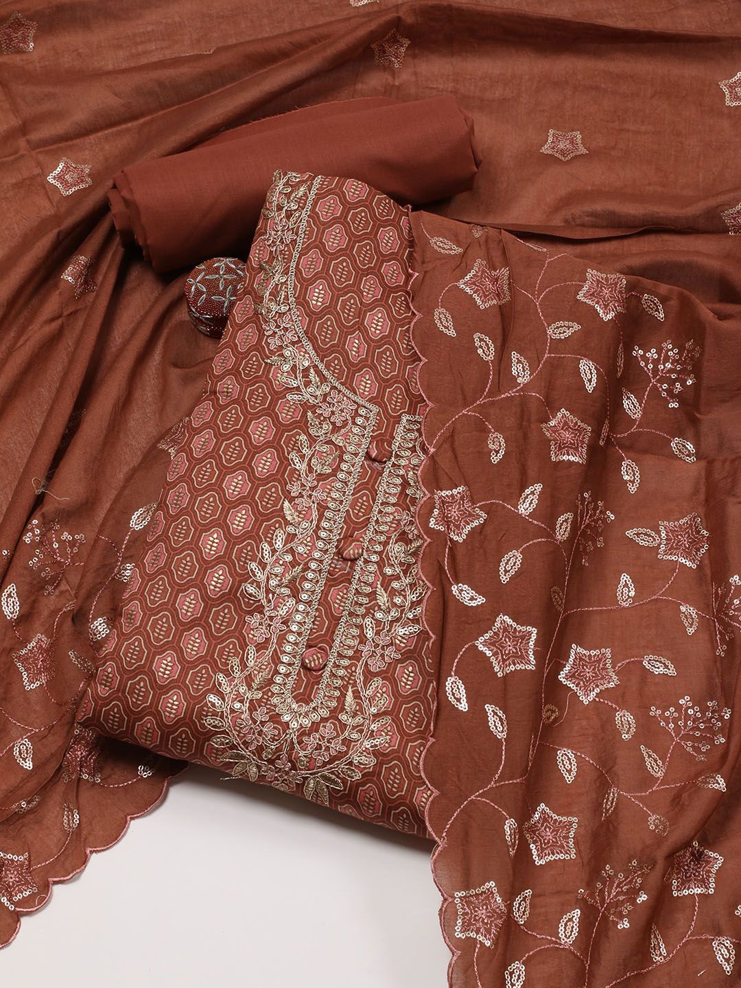 

Meena Bazaar Floral Printed Sequinned Unstitched Dress Material, Rust