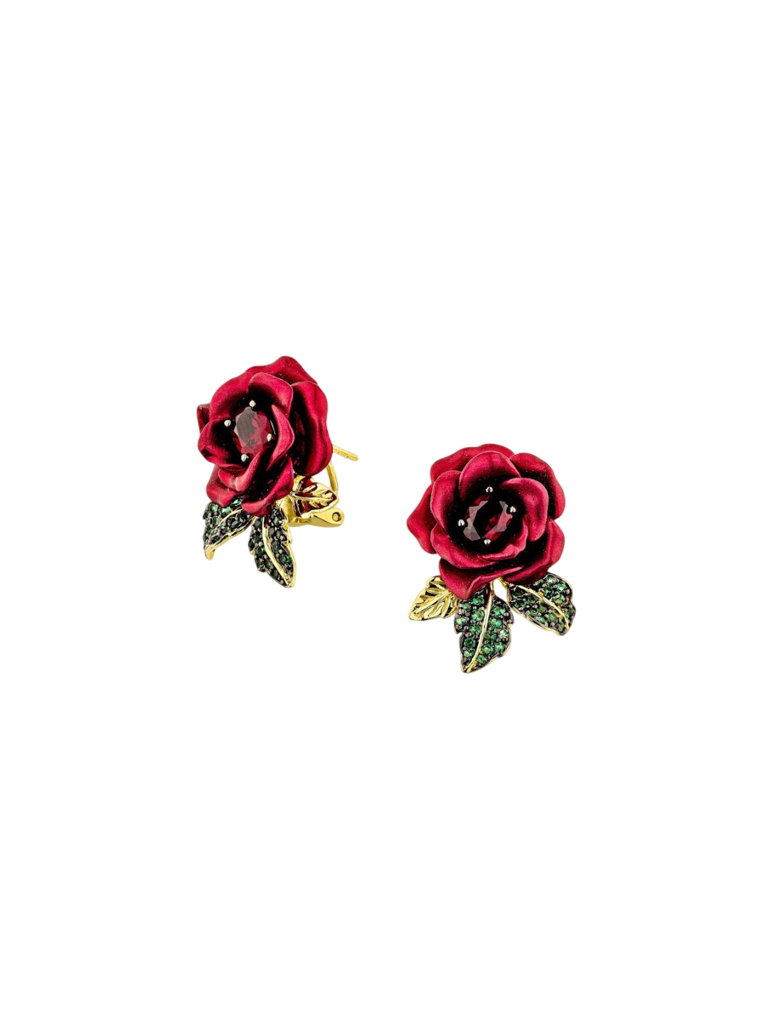 

MISS JO 925 Sterling Silver Gold-Plated Floral Stone Studded Verdant Rose Studs, Red