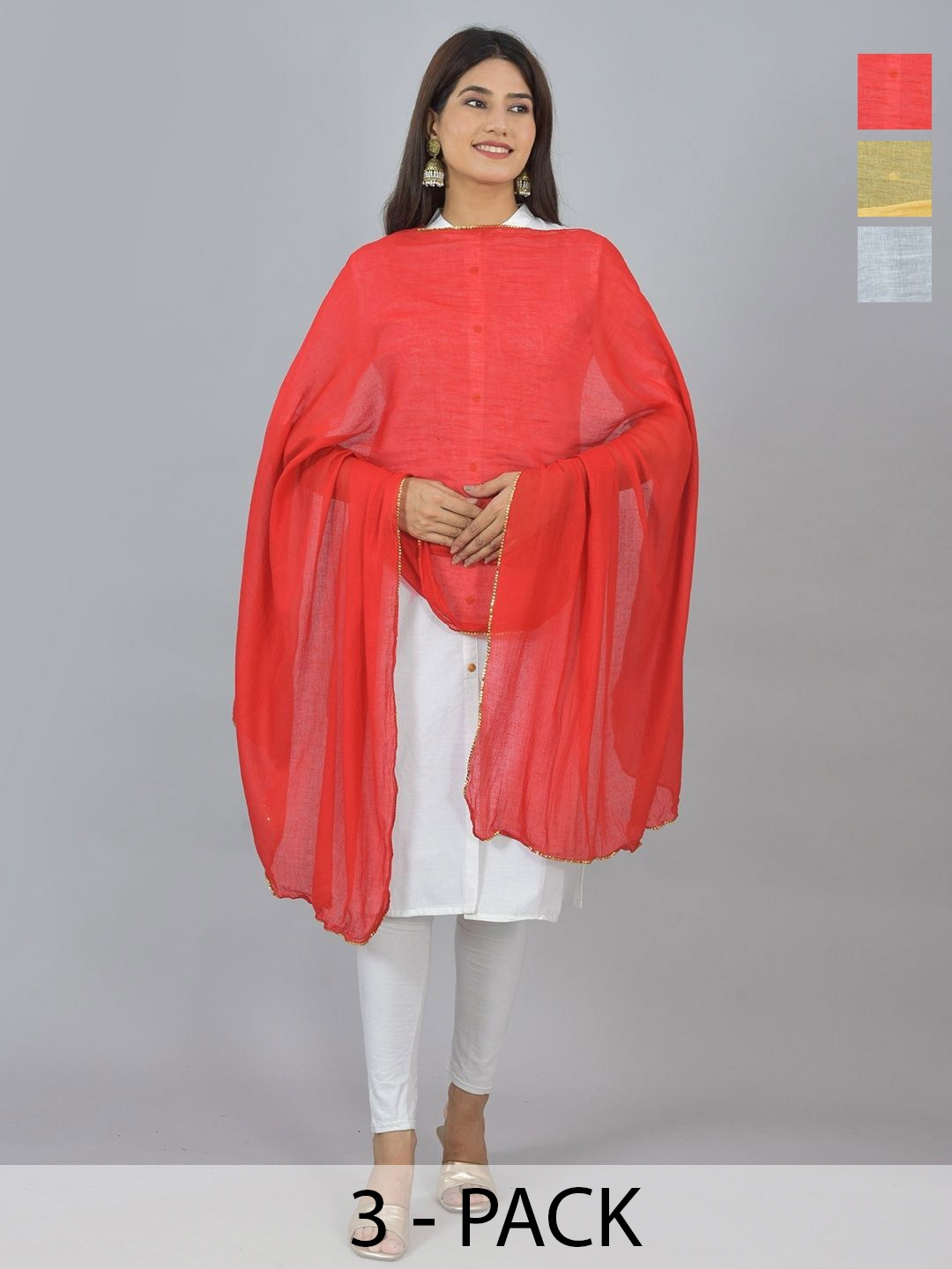 

LA FEMINAE Pack Of 3 Pure Cotton Dupatta, Red