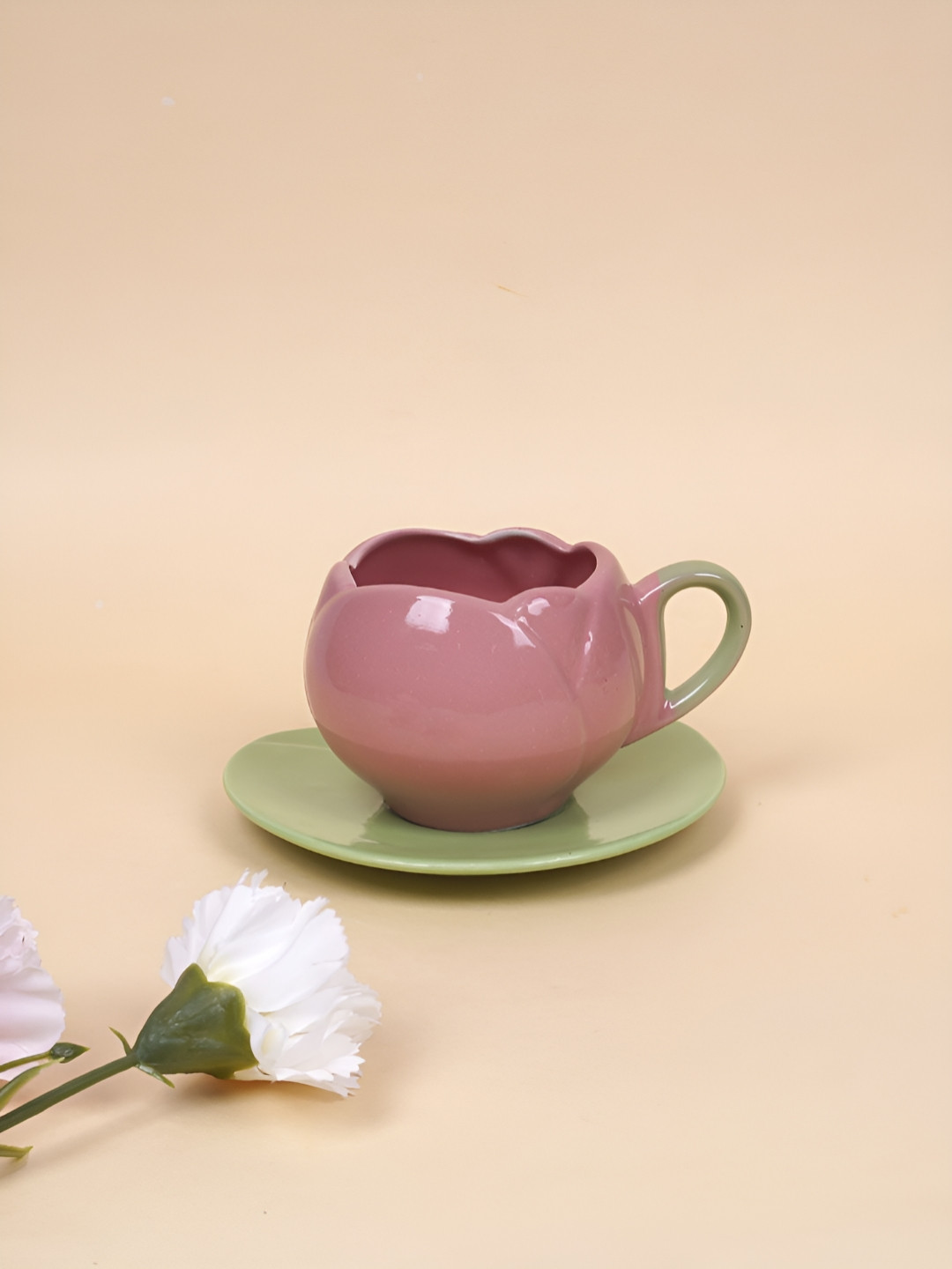 

NURTURE INDIA Pink & Green 2 Pieces Ceramic Glossy Tulip Cups and Saucers