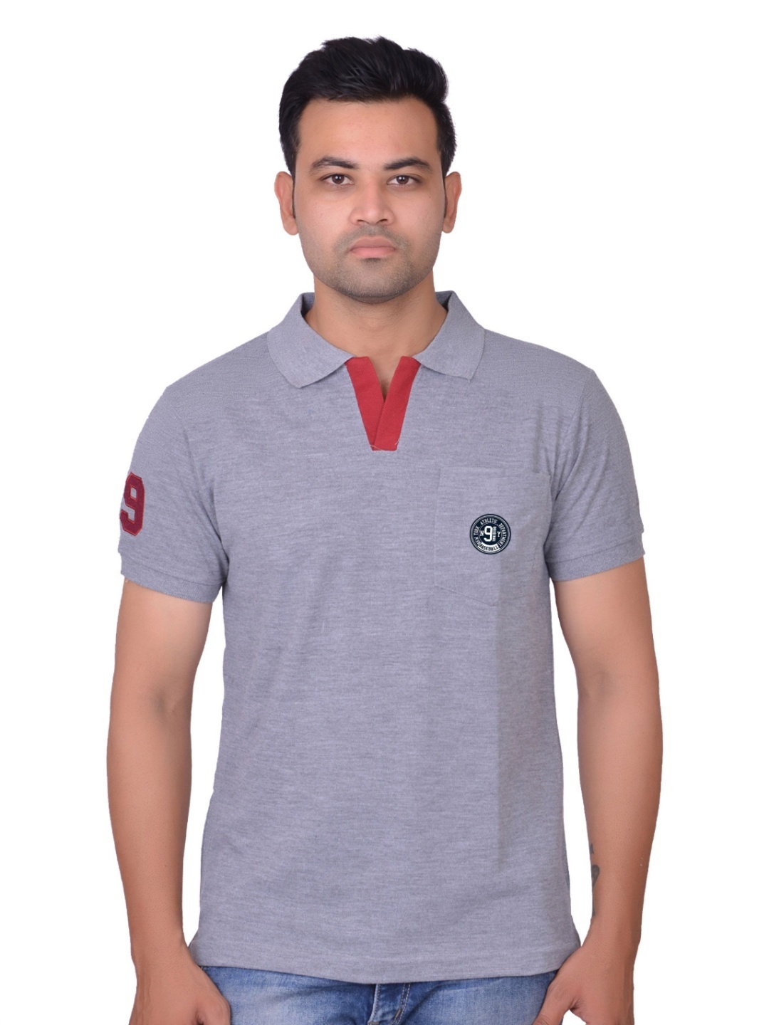 

LA MILANO Men Polo Collar Applique Slim Fit T-shirt, Grey