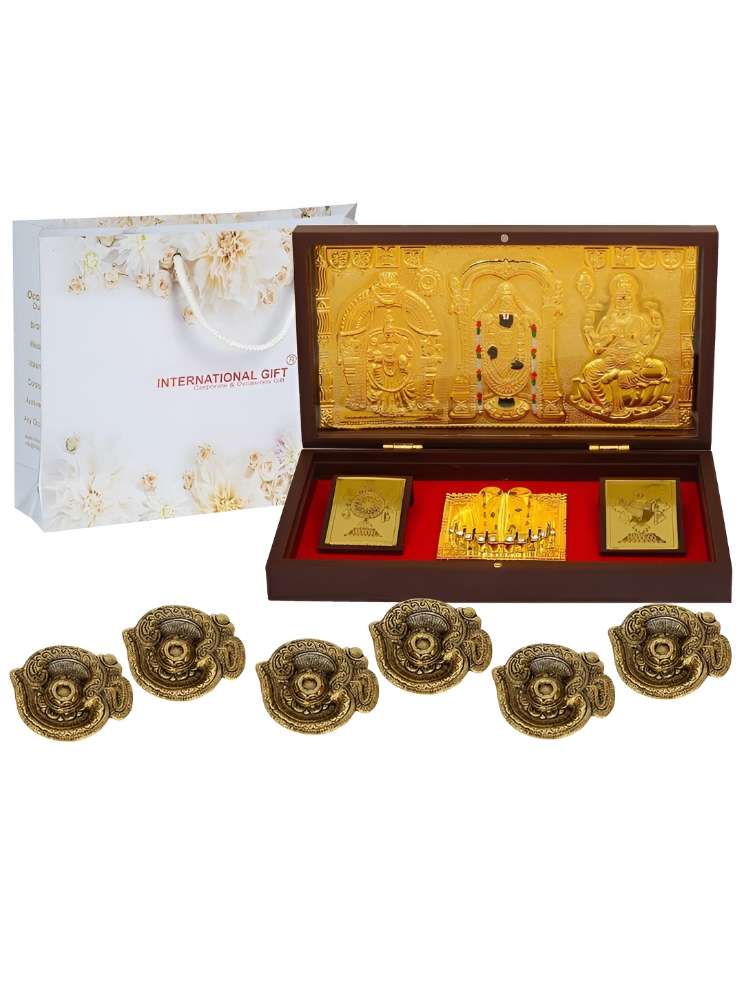 

INTERNATIONAL GIFT Gold-Toned Religious Bala Ji Charan Paduka Showpiece with 6 Diya